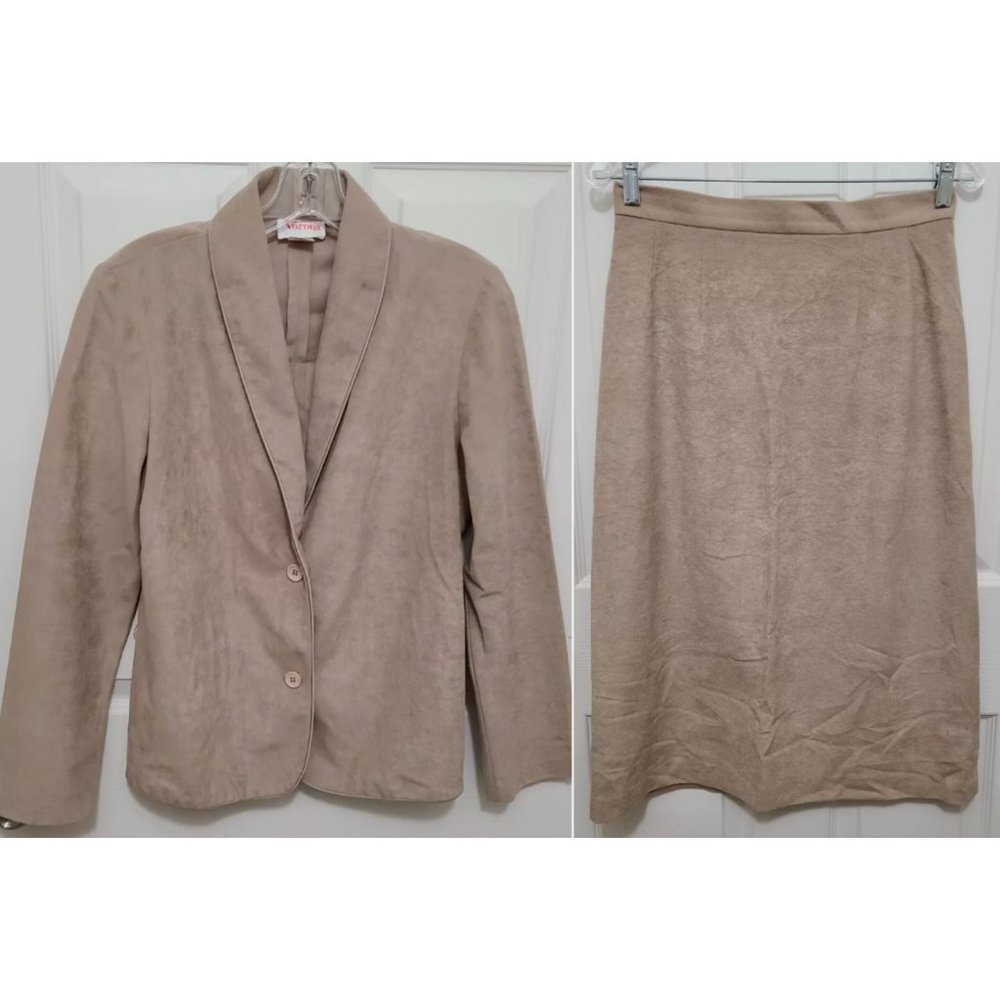 Vtg 70s Verona Women's Skirt Suit Blazer/Midi Skirt Beige Soft Knit Union Sz 12